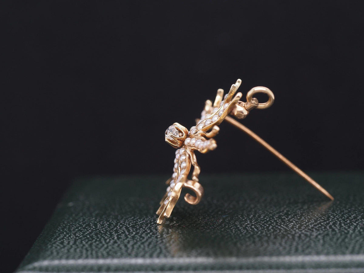 1900s Edwardian Flower Brooch with Pearls and Old Mine Diamond - VHK#201