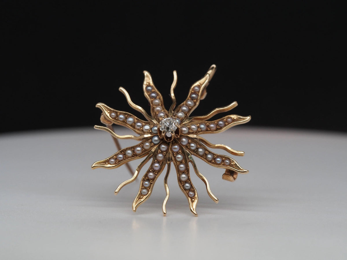 1900s Edwardian Flower Brooch with Pearls and Old Mine Diamond - VHK#201