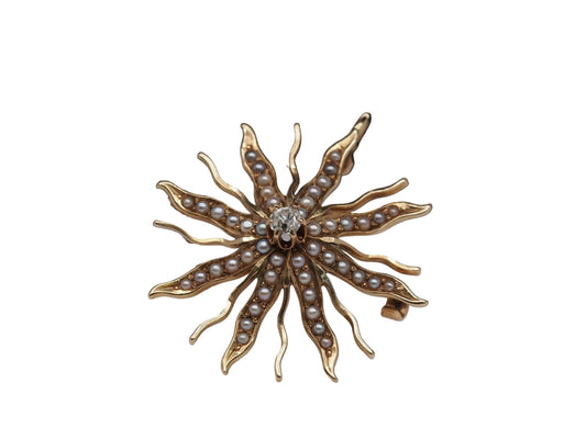 1900s Edwardian Flower Brooch with Pearls and Old Mine Diamond - VHK#201