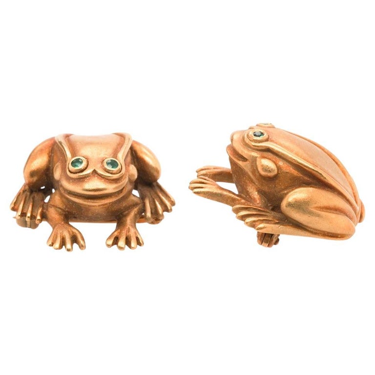 KIELSELSTEIN CORD 18K Yellow Gold Pair of Frog Brooches with Emerald Eyes - VHK#352