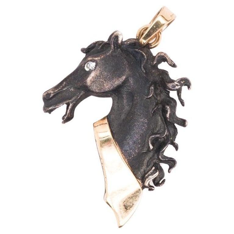 1970 Black Stallion Horse Pendant 14K Yellow Gold with Diamond Eye - VHK#373