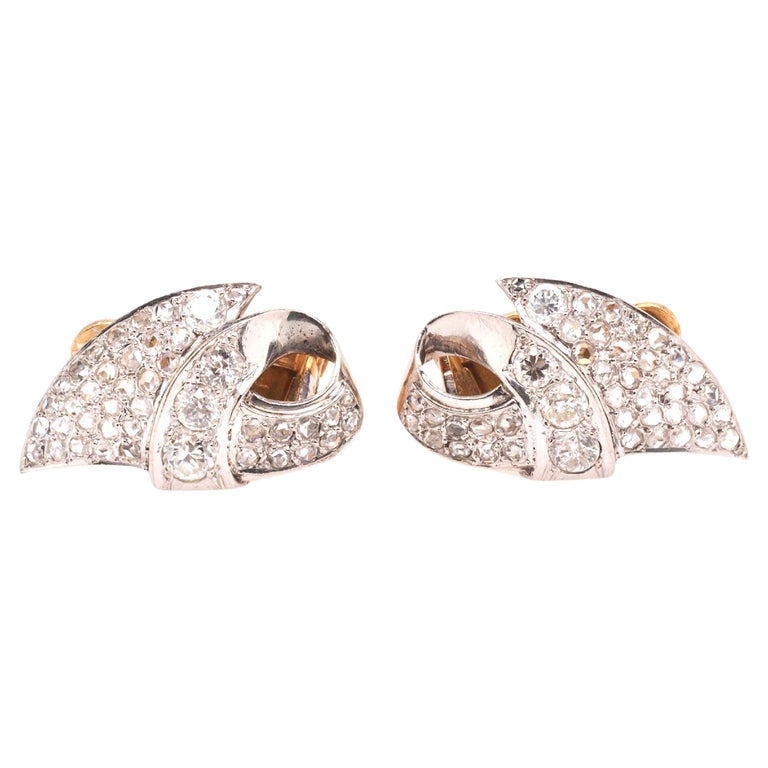 1960s Platinum and 18K Yellow Gold Clip Earrings w Rose Cut Diamonds - VHK#121a