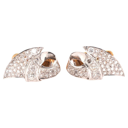 1960s Platinum and 18K Yellow Gold Clip Earrings w Rose Cut Diamonds - VHK#121a