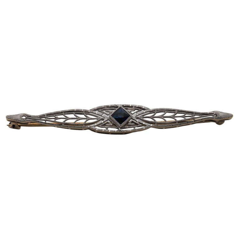 1930s 14K Yellow Gold Art Deco Brooch with Sapphire - VHK#531
