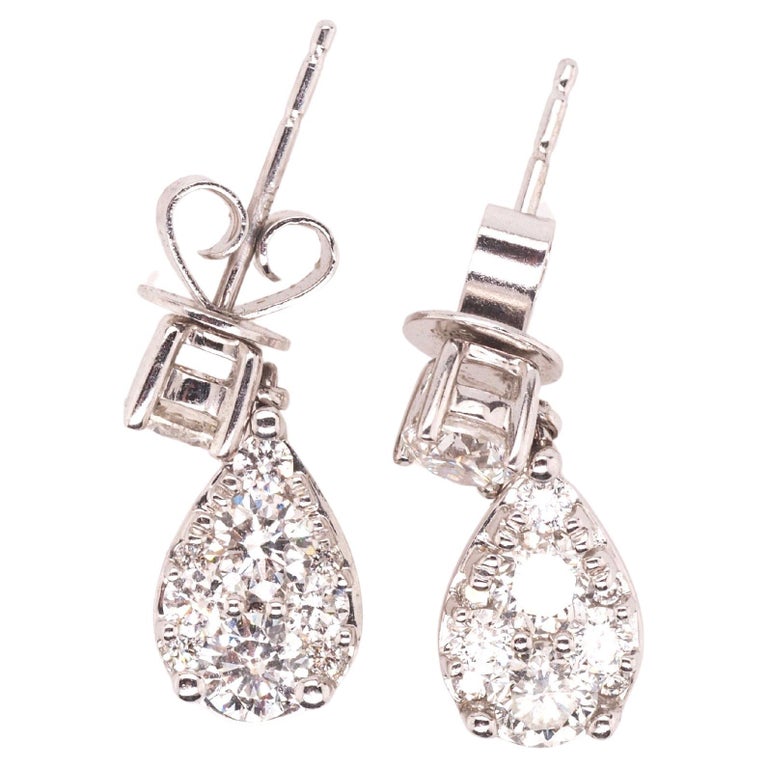 14K White Gold Dangling Drop Diamond Cluster Earrings - VHK#526