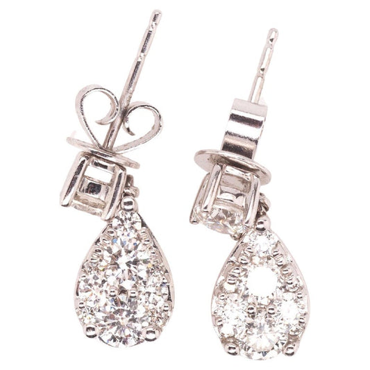 14K White Gold Dangling Drop Diamond Cluster Earrings - VHK#526
