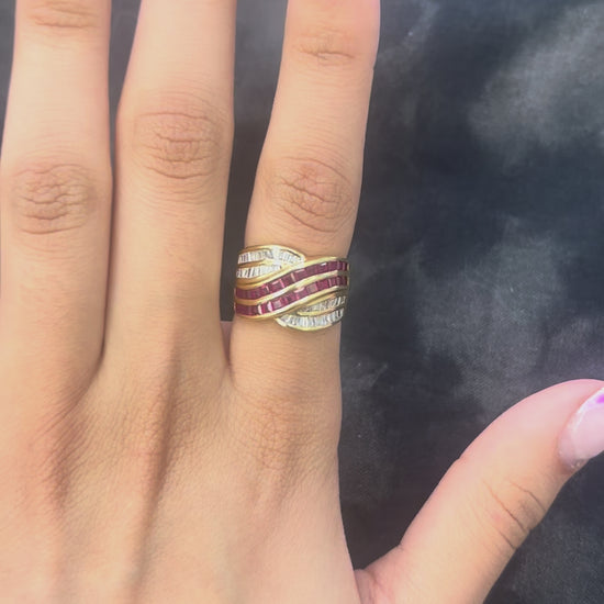 Estate 18K Yellow Gold Ruby and Diamond Crossover Band Ring - VHK#326A