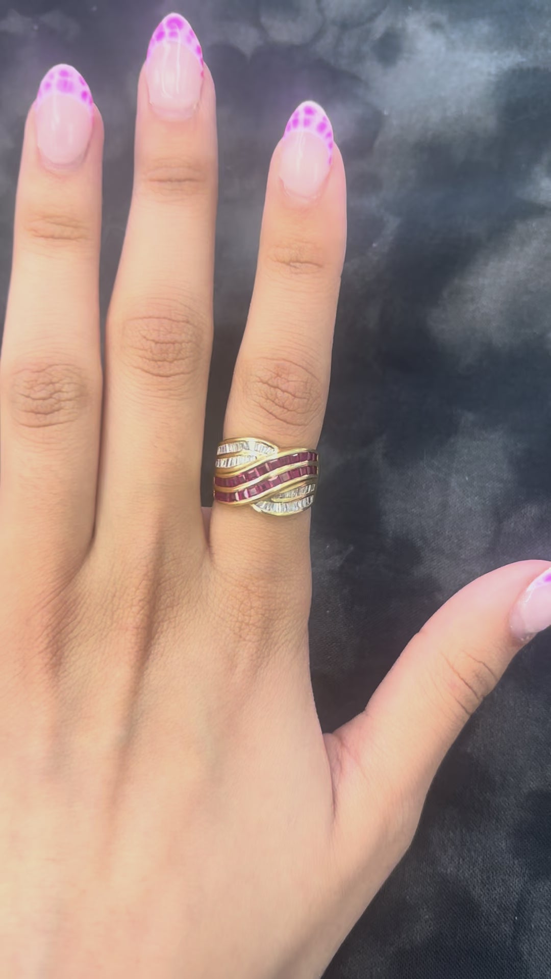 Estate 18K Yellow Gold Ruby and Diamond Crossover Band Ring - VHK#326A