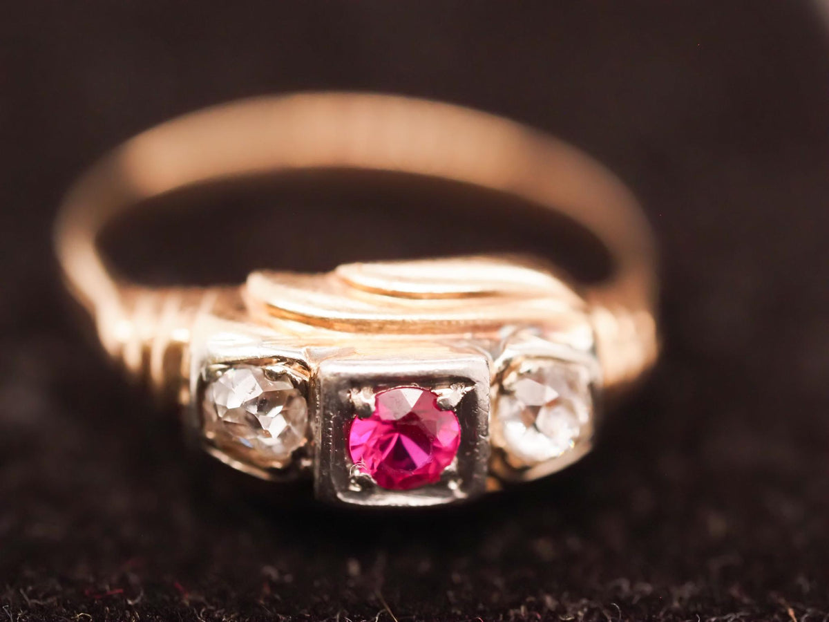 14K Yellow Gold Ruby and Old Mine Cut Diamond 3 Stone Ring - VHK#641