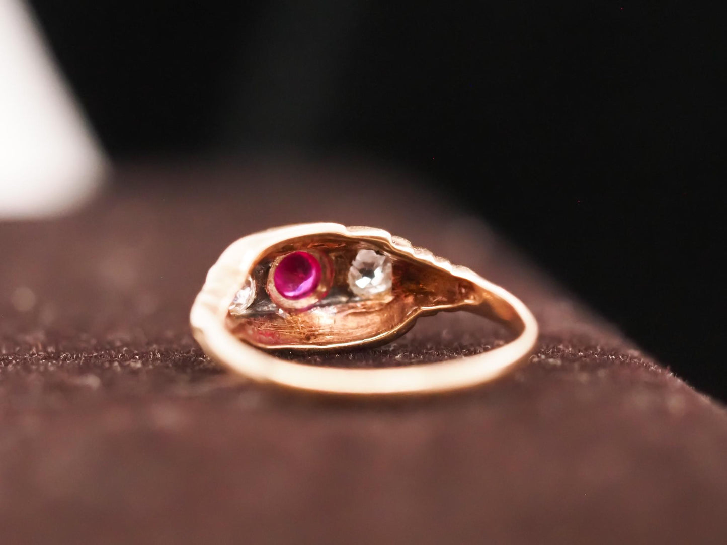14K Yellow Gold Ruby and Old Mine Cut Diamond 3 Stone Ring - VHK#641