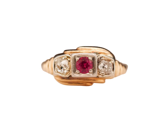 14K Yellow Gold Ruby and Old Mine Cut Diamond 3 Stone Ring - VHK#641