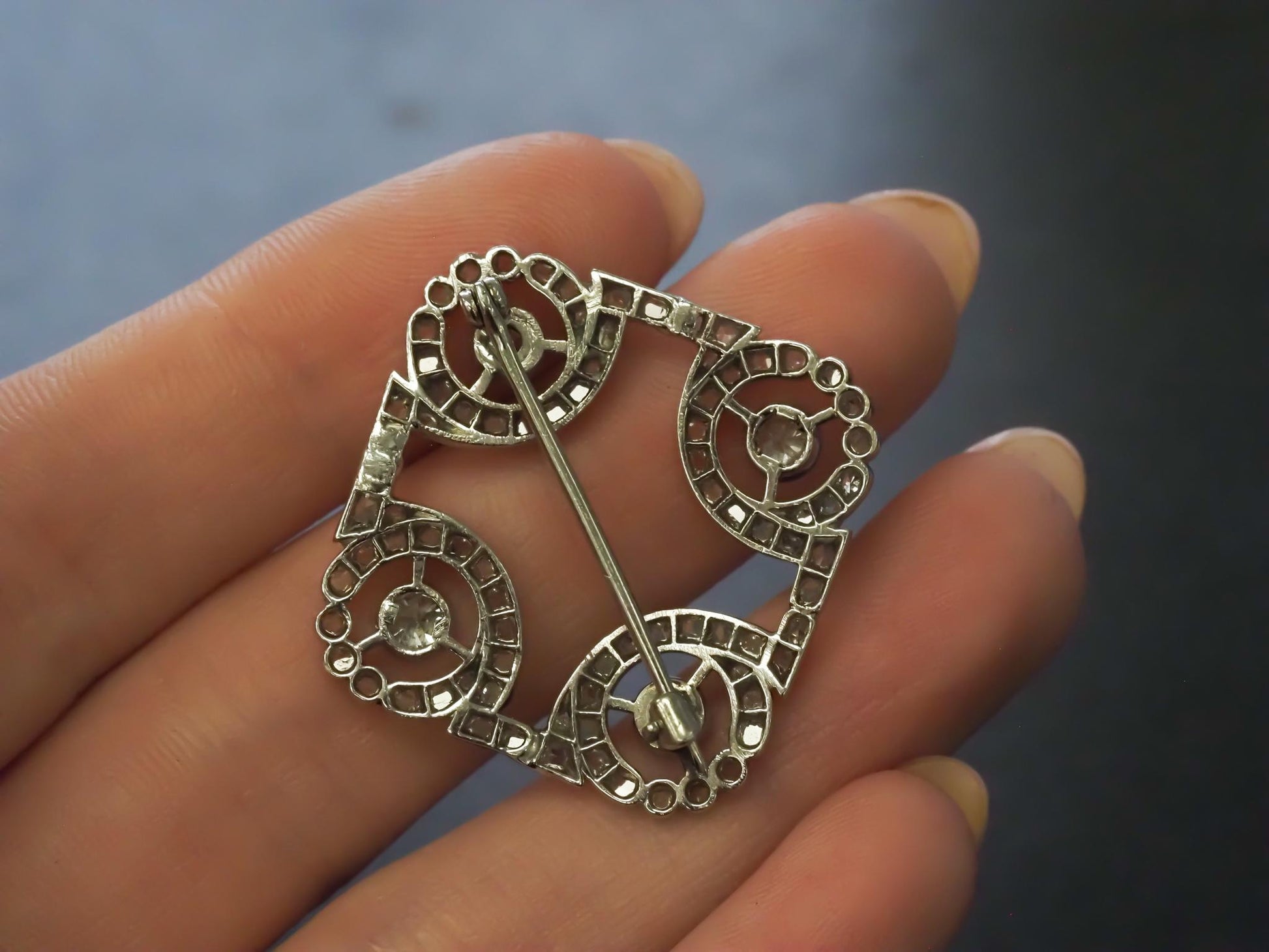 Estate Art Deco Platinum Rose Cut and Old Mine Diamond Brooch - VHK#725a