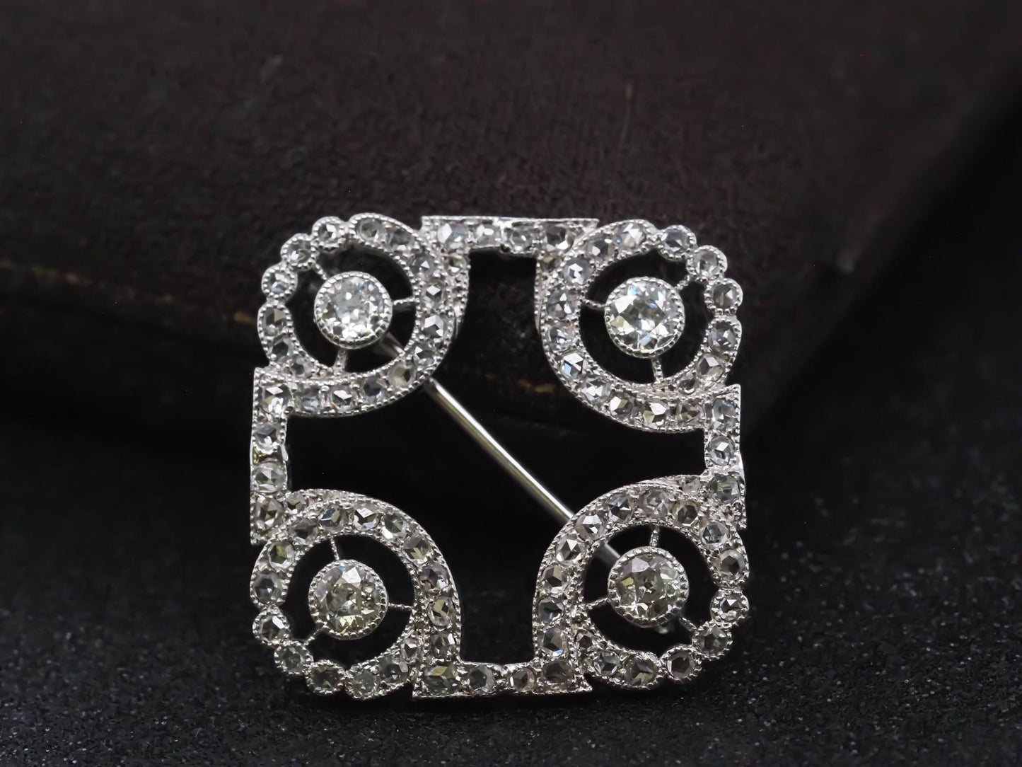 Estate Art Deco Platinum Rose Cut and Old Mine Diamond Brooch - VHK#725a