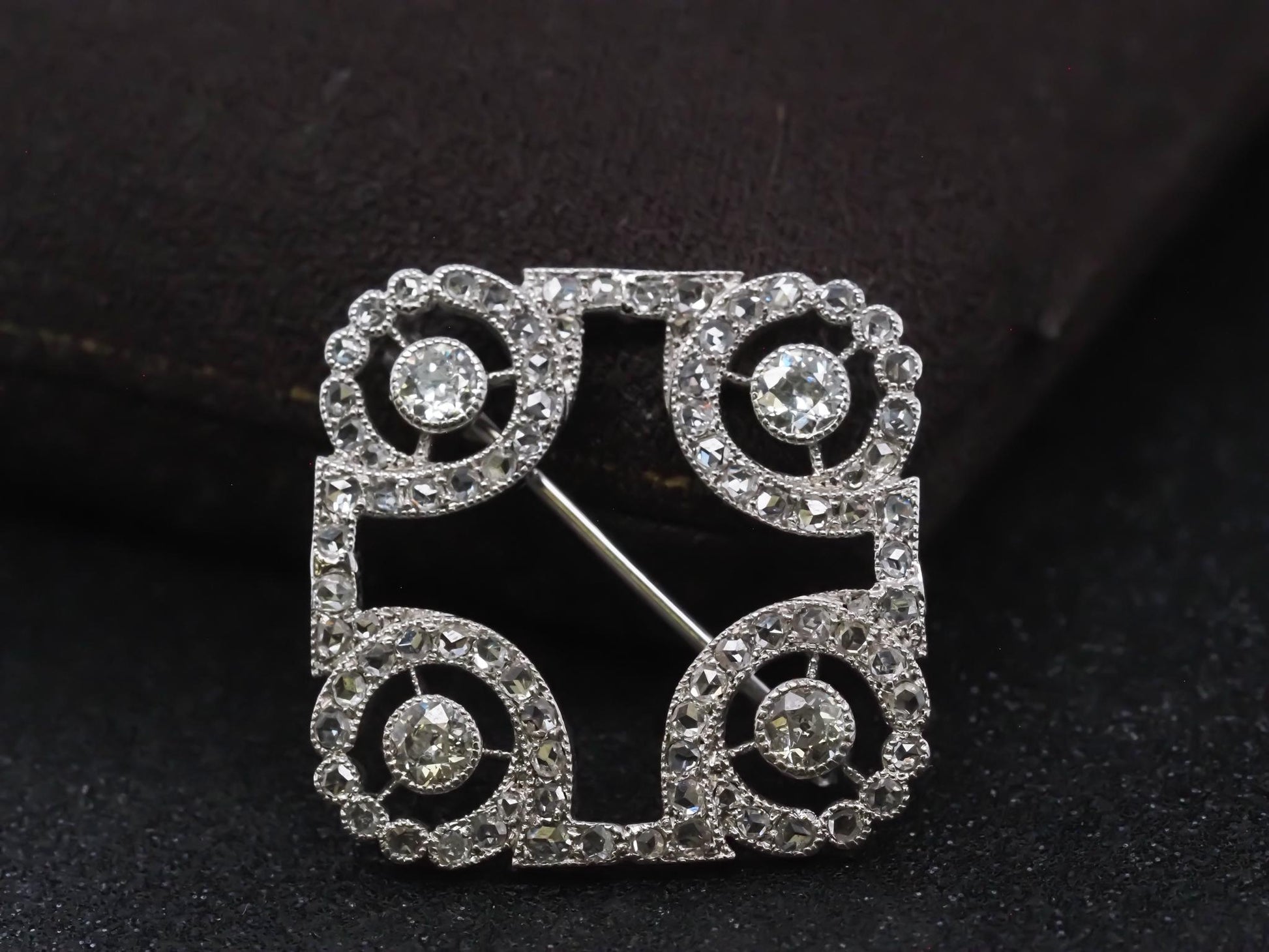 Estate Art Deco Platinum Rose Cut and Old Mine Diamond Brooch - VHK#725a
