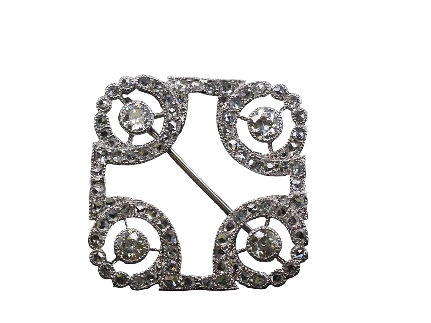 Estate Art Deco Platinum Rose Cut and Old Mine Diamond Brooch - VHK#725a