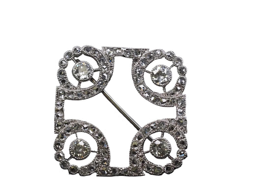 Estate Art Deco Platinum Rose Cut and Old Mine Diamond Brooch - VHK#725a