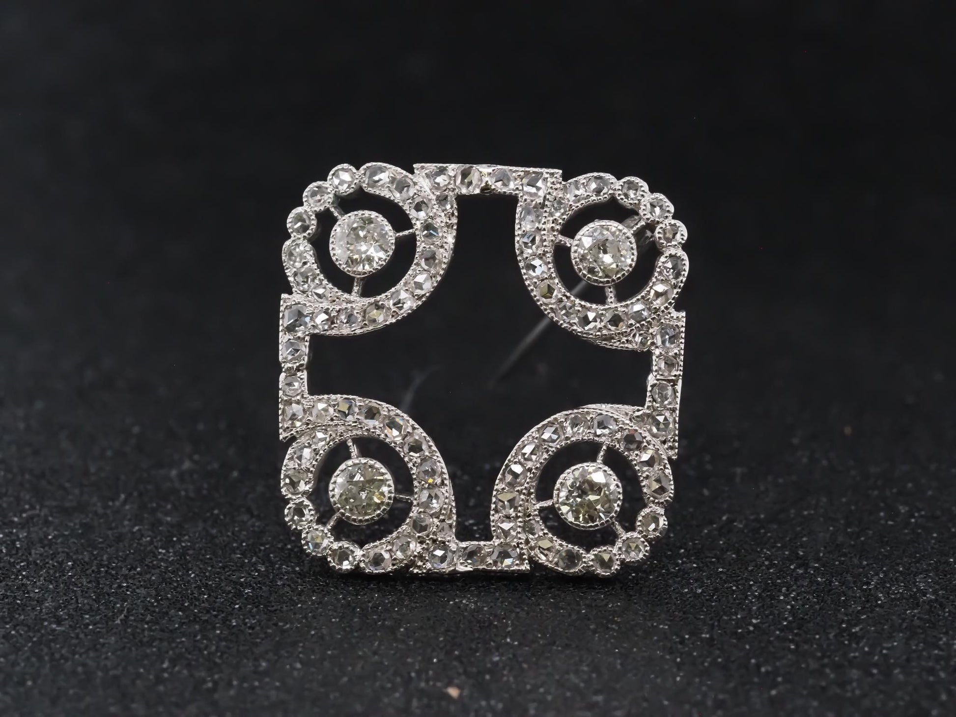 Estate Art Deco Platinum Rose Cut and Old Mine Diamond Brooch - VHK#725a