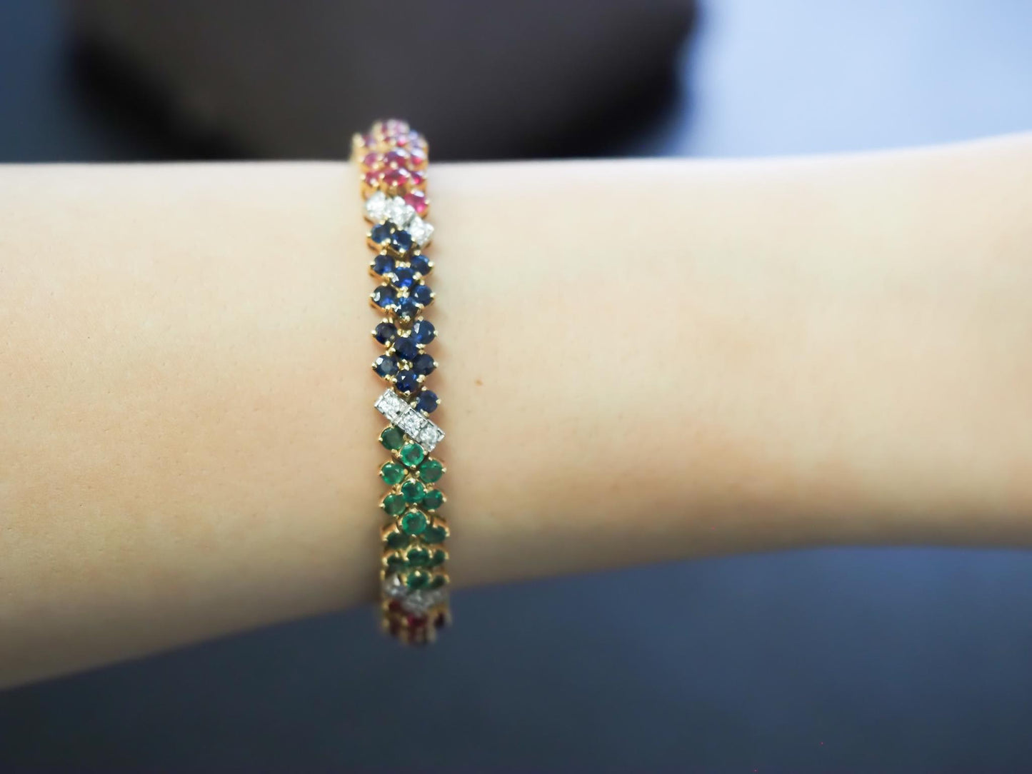 Estate Vintage 18K Yellow Gold Diamond Ruby Sapphire and Emerald Bracelet - VHK#