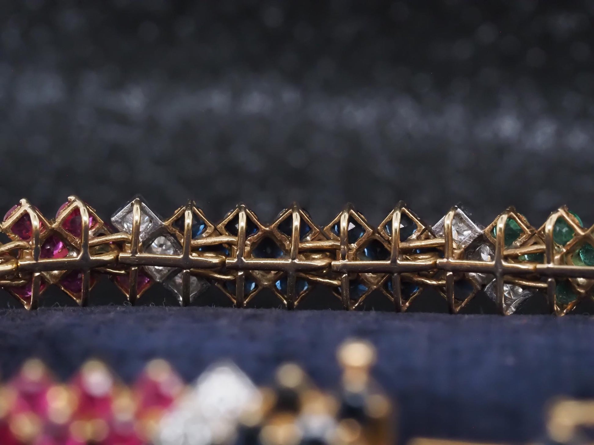 Estate Vintage 18K Yellow Gold Diamond Ruby Sapphire and Emerald Bracelet - VHK#