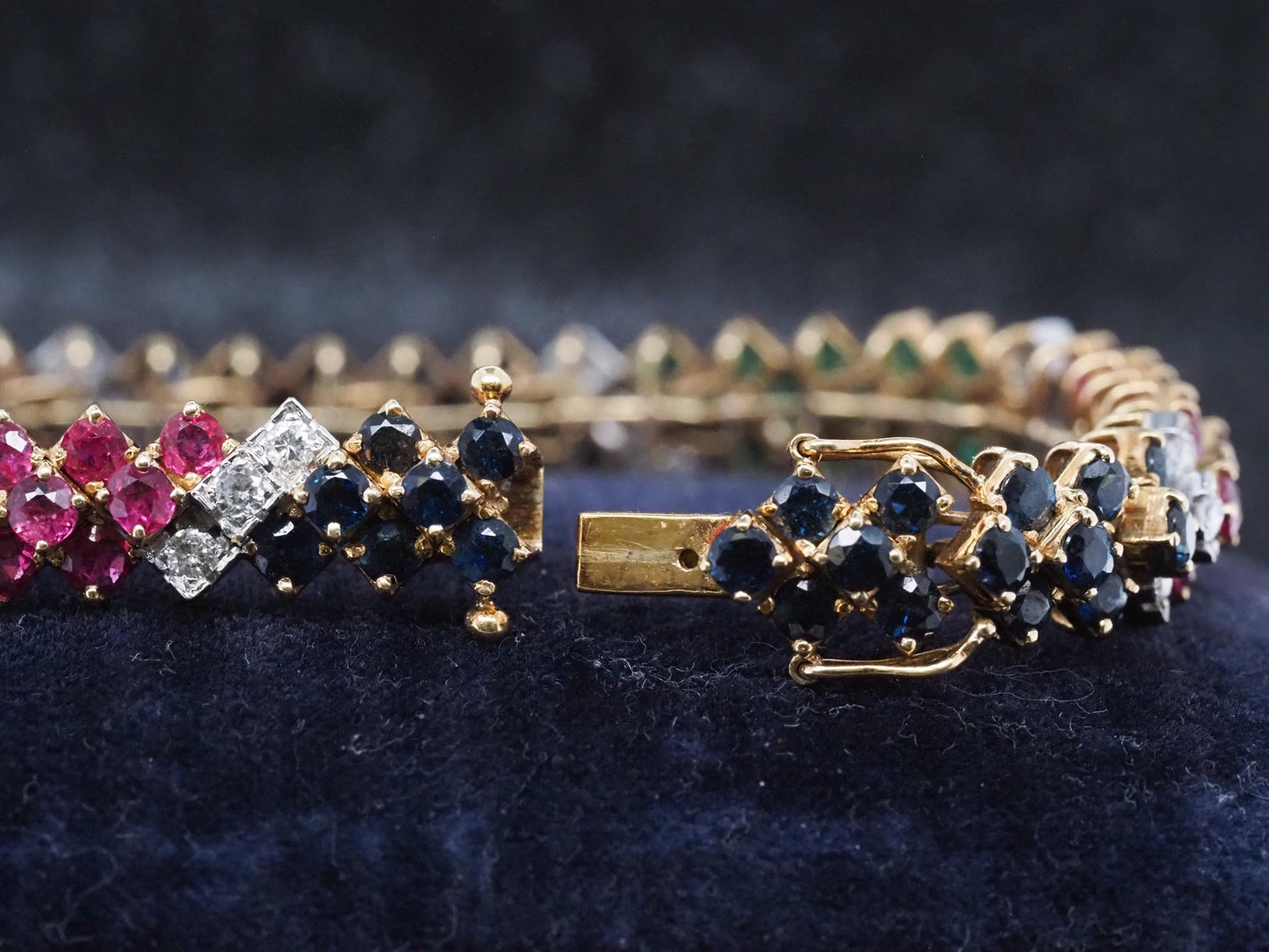 Estate Vintage 18K Yellow Gold Diamond Ruby Sapphire and Emerald Bracelet - VHK#