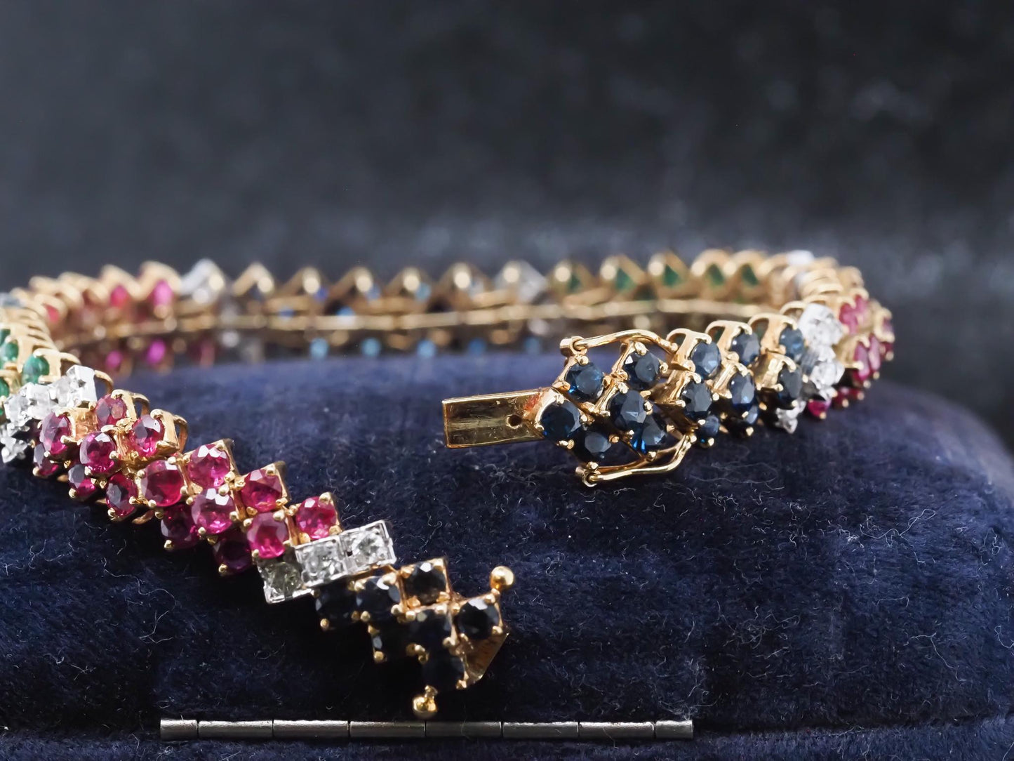 Estate Vintage 18K Yellow Gold Diamond Ruby Sapphire and Emerald Bracelet - VHK#