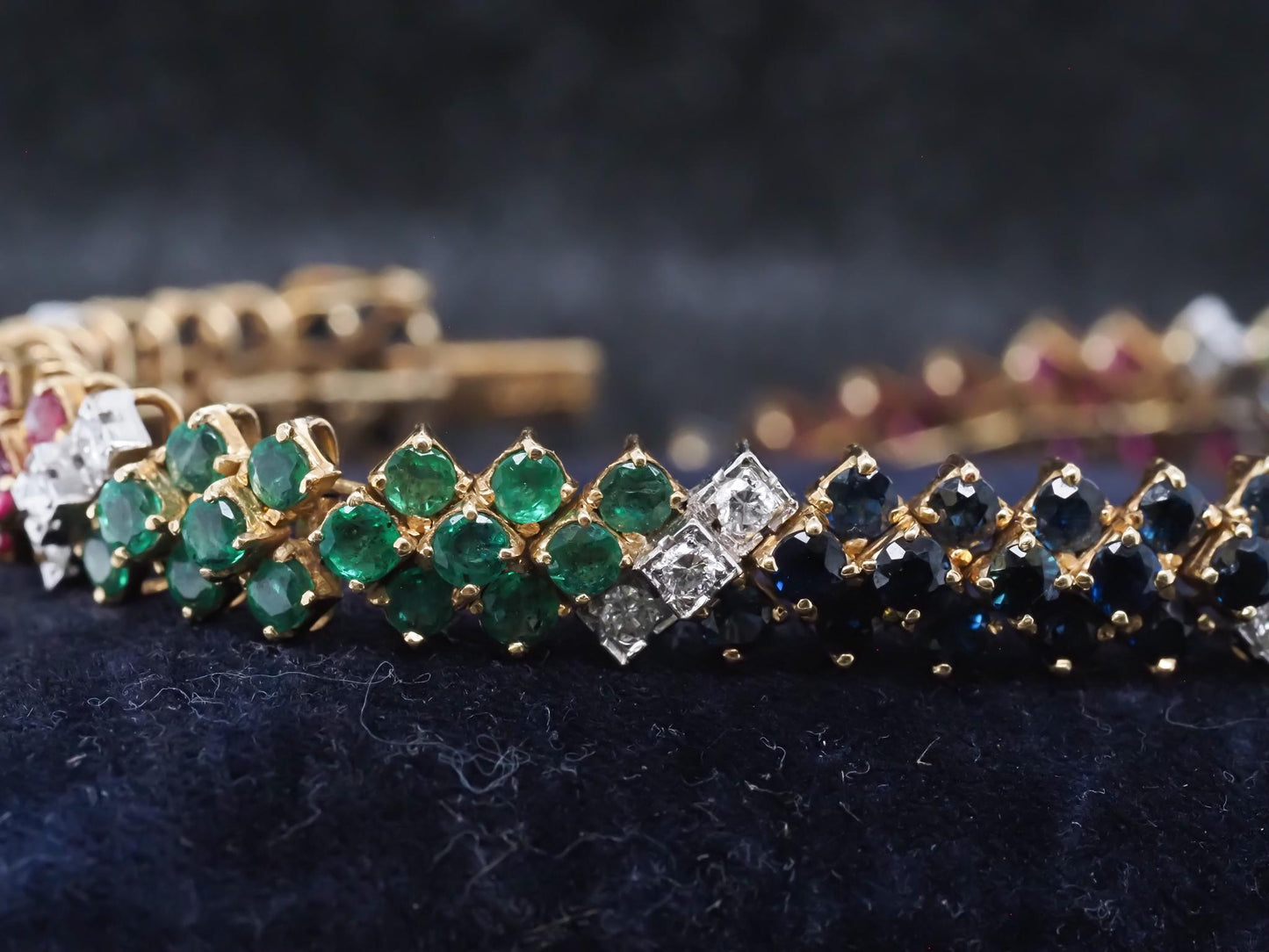 Estate Vintage 18K Yellow Gold Diamond Ruby Sapphire and Emerald Bracelet - VHK#