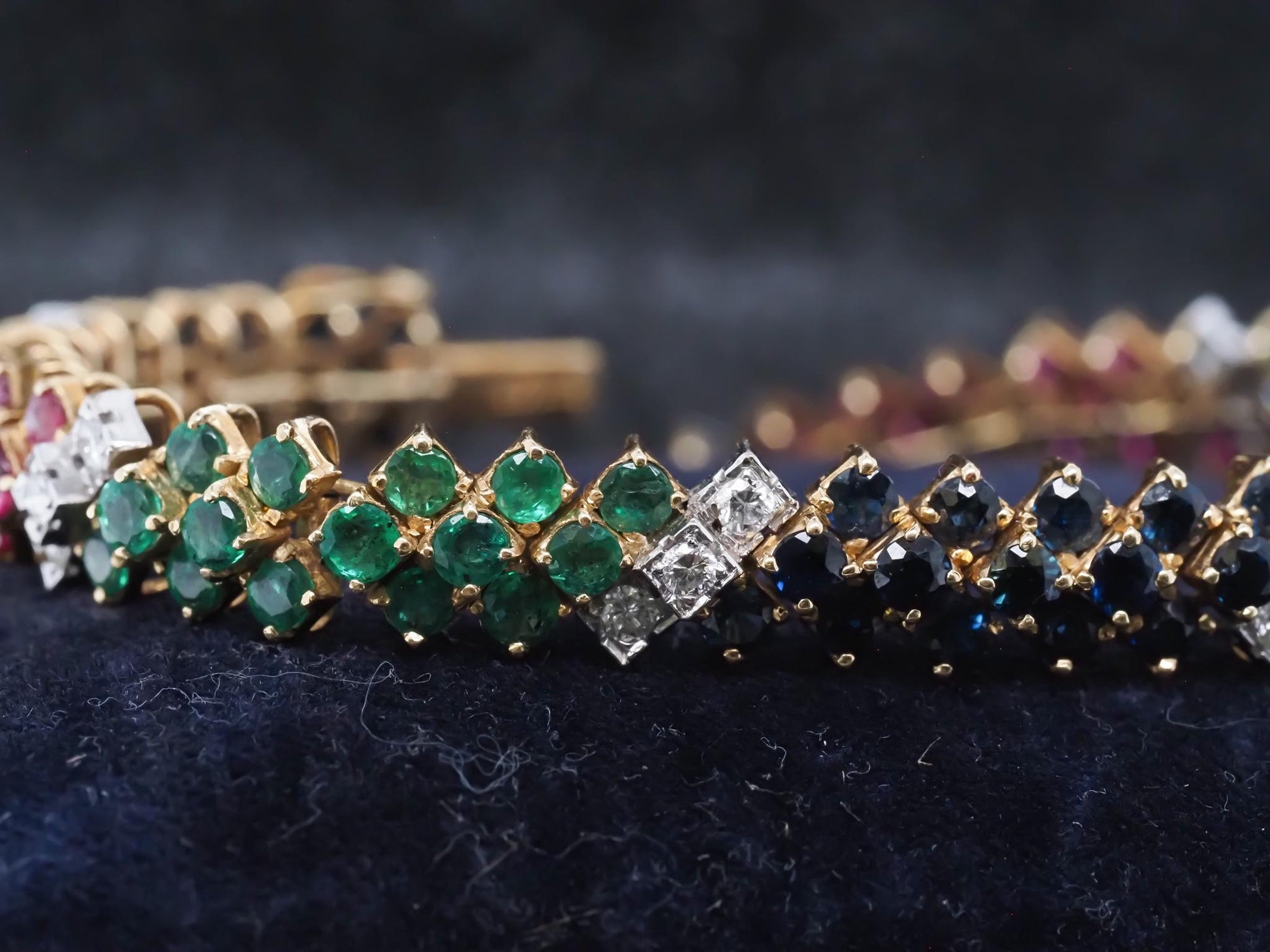 Estate Vintage 18K Yellow Gold Diamond Ruby Sapphire and Emerald Bracelet - VHK#