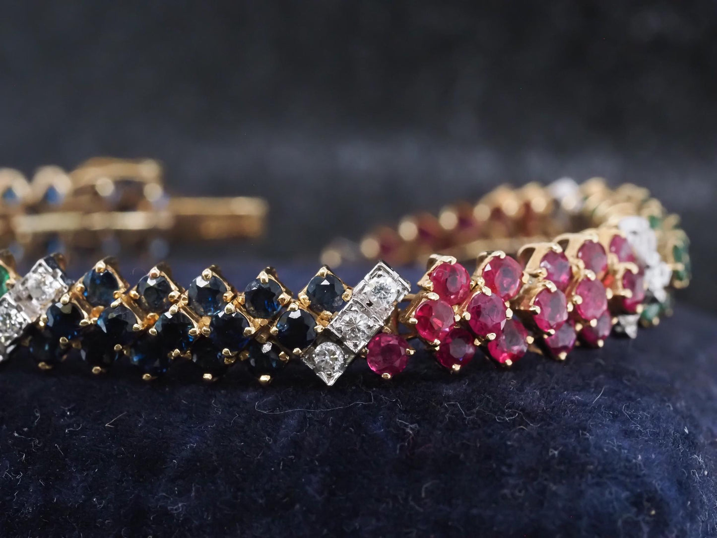 Estate Vintage 18K Yellow Gold Diamond Ruby Sapphire and Emerald Bracelet - VHK#