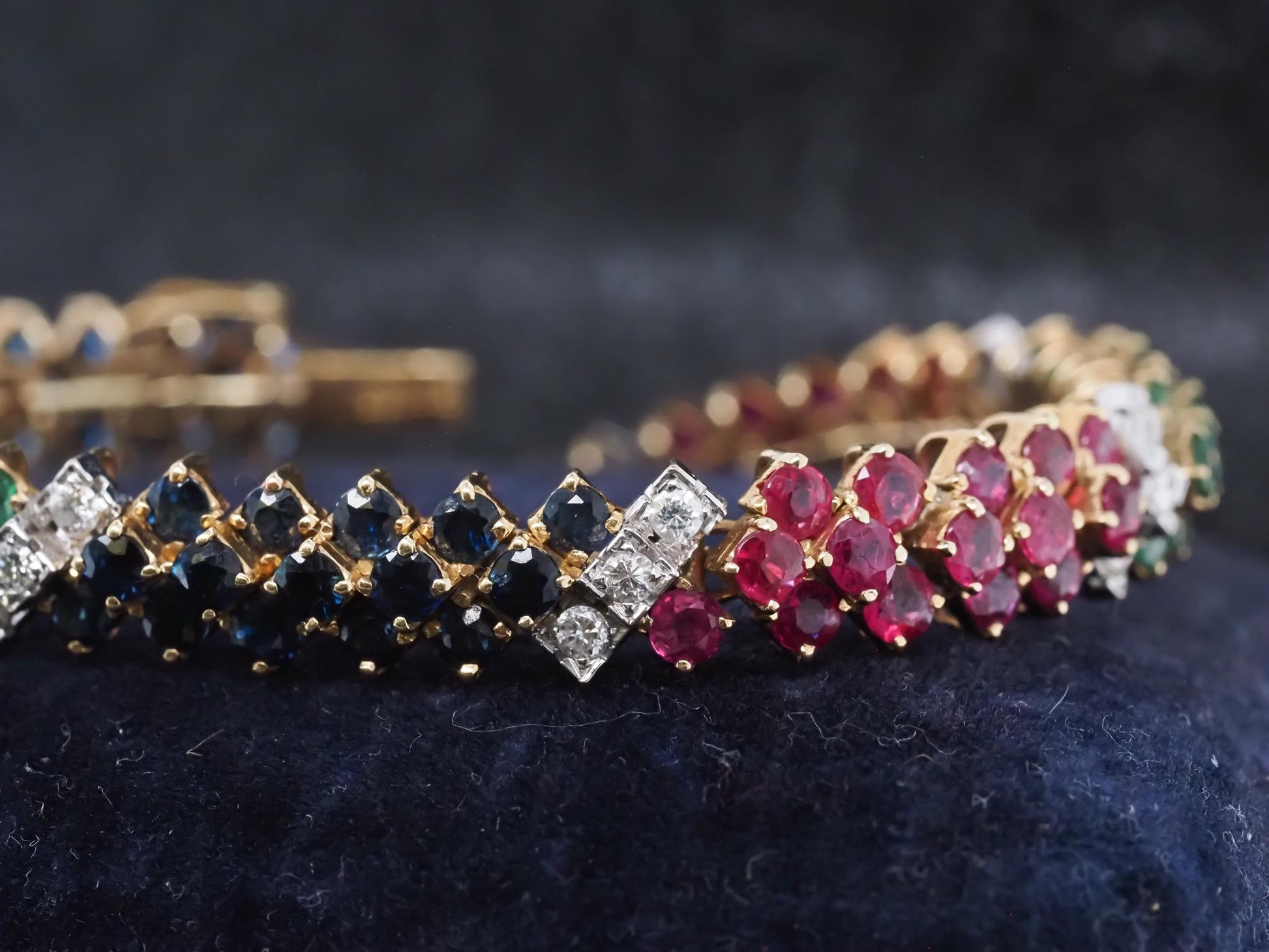 Estate Vintage 18K Yellow Gold Diamond Ruby Sapphire and Emerald Bracelet - VHK#