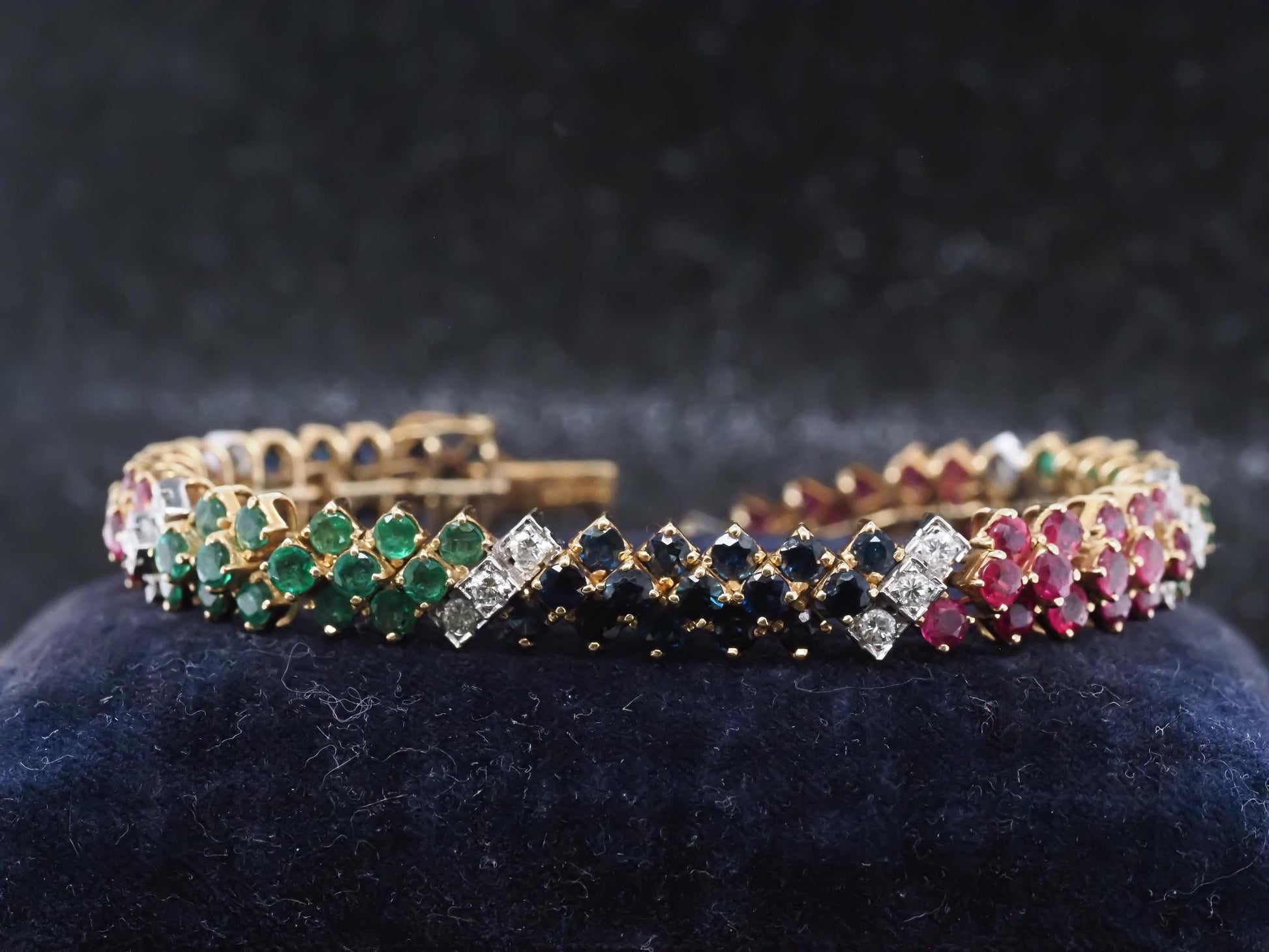 Estate Vintage 18K Yellow Gold Diamond Ruby Sapphire and Emerald Bracelet - VHK#