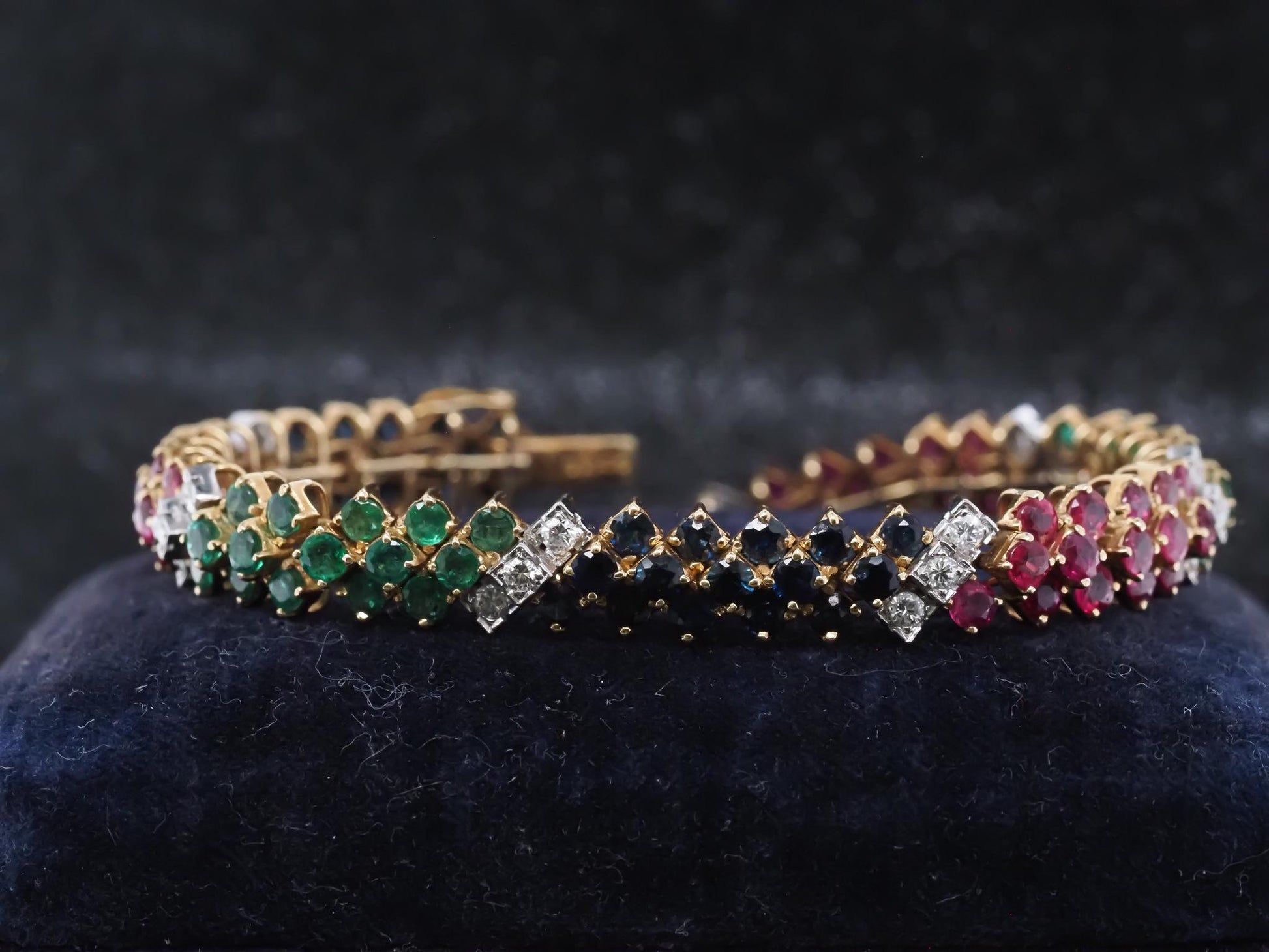 Estate Vintage 18K Yellow Gold Diamond Ruby Sapphire and Emerald Bracelet - VHK#