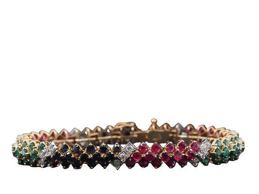 Estate Vintage 18K Yellow Gold Diamond Ruby Sapphire and Emerald Bracelet - VHK#