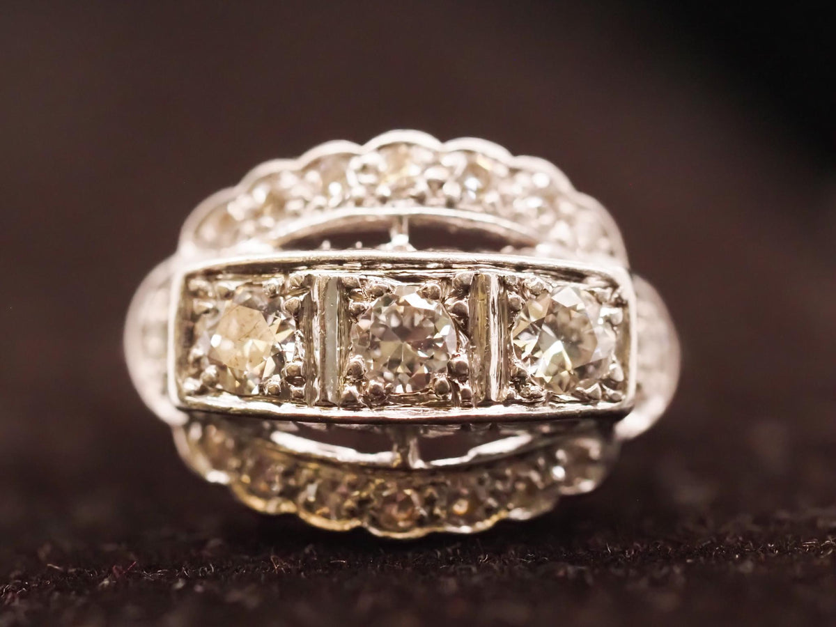 Circa 1930s Platinum Art Deco Three Stone Old European Diamond Ring - VHK#643