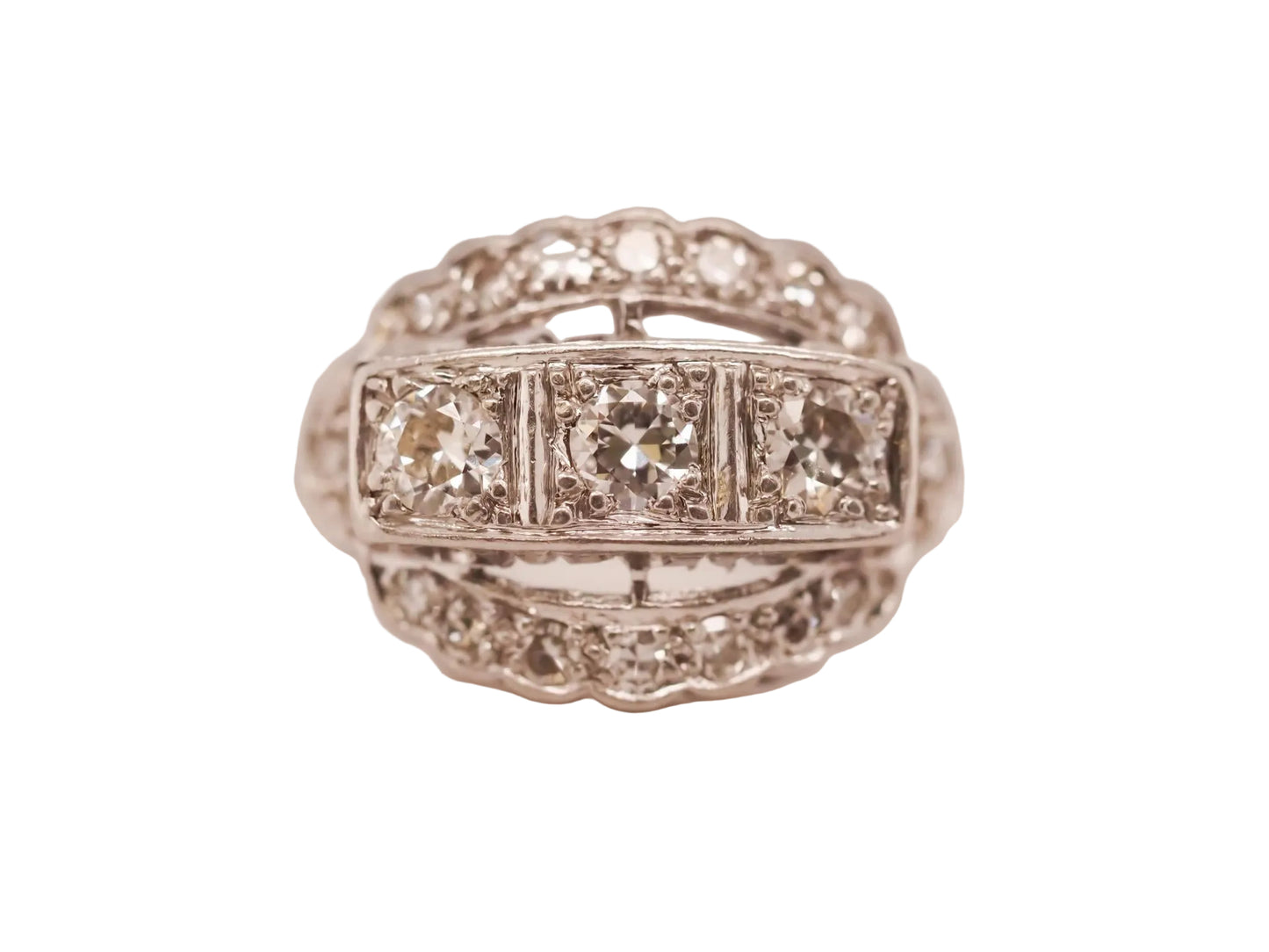Circa 1930s Platinum Art Deco Three Stone Old European Diamond Ring - VHK#643