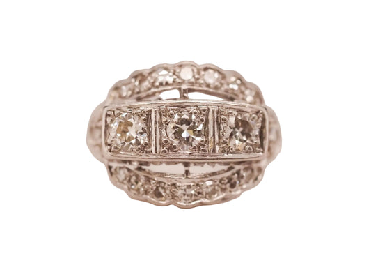 Circa 1930s Platinum Art Deco Three Stone Old European Diamond Ring - VHK#643