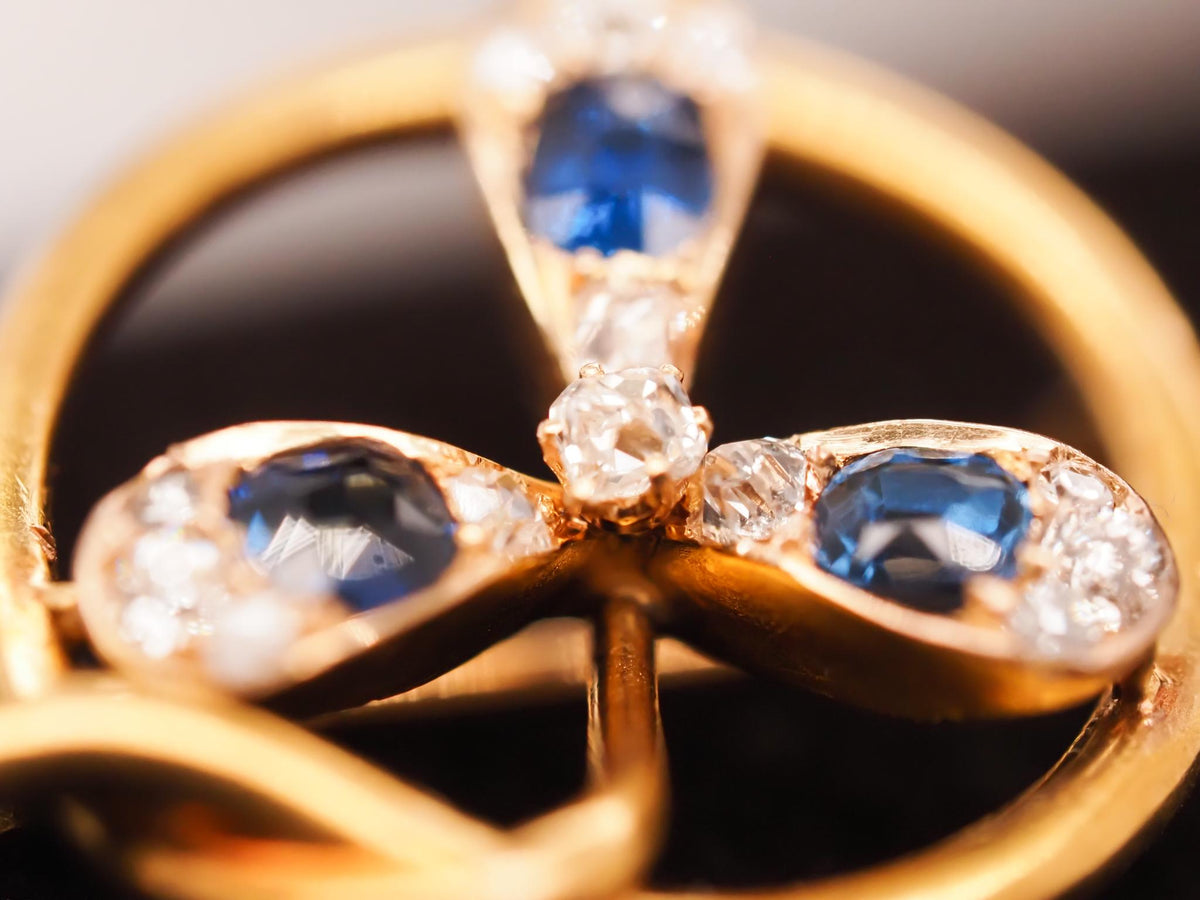 Circa 1900s 14K Yellow Gold Sapphire and Diamond Flower Brooch - VHK#647