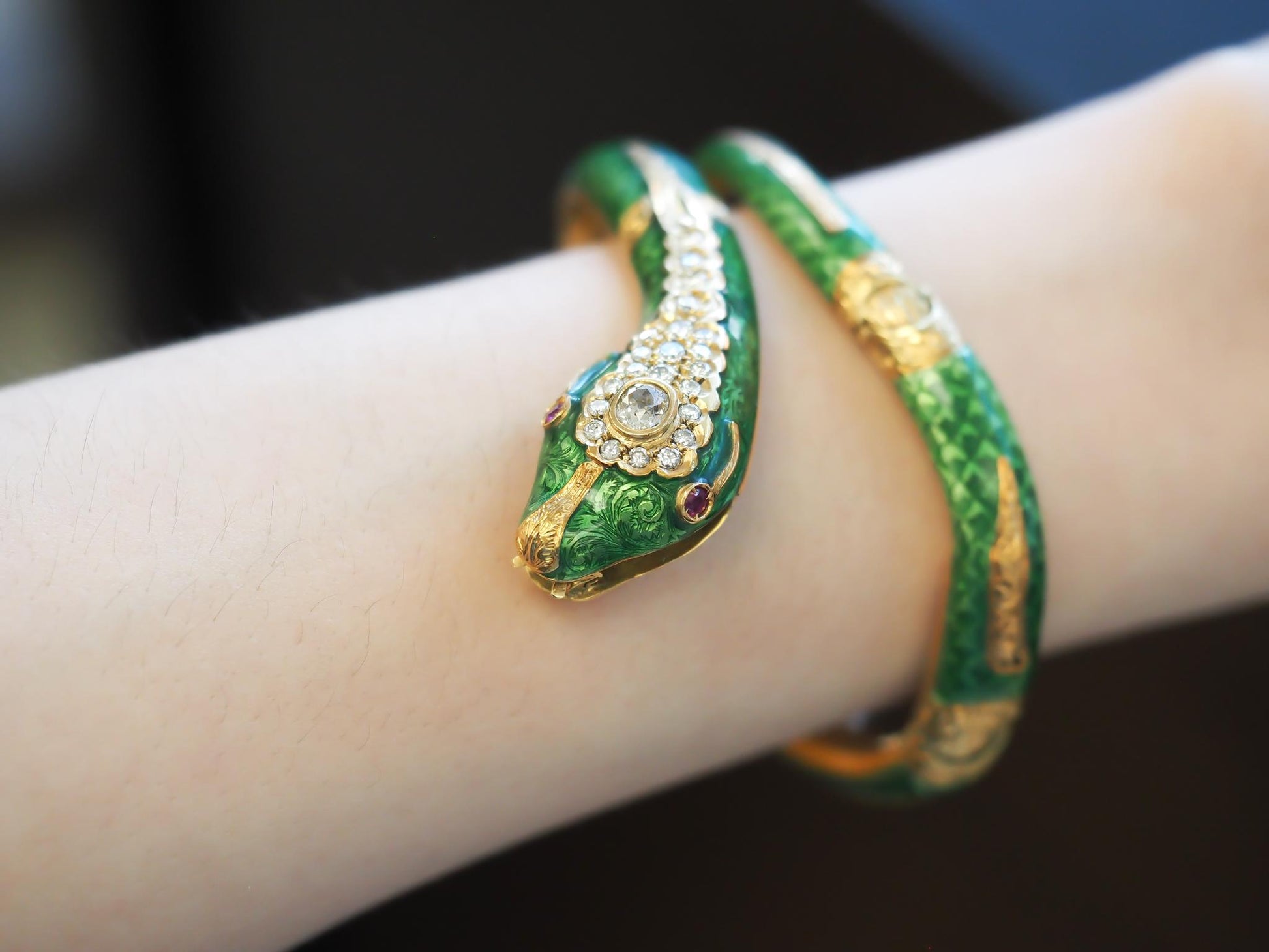 Estate 18K Gold Enamel Serpent Bangle with Old Mine Diamond - VHK#870a