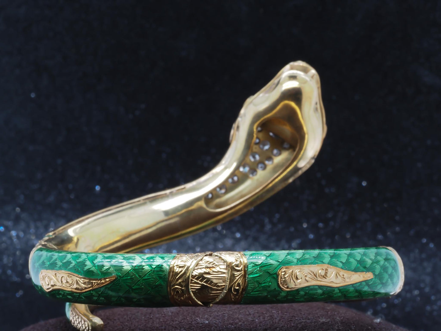 Estate 18K Gold Enamel Serpent Bangle with Old Mine Diamond - VHK#870a