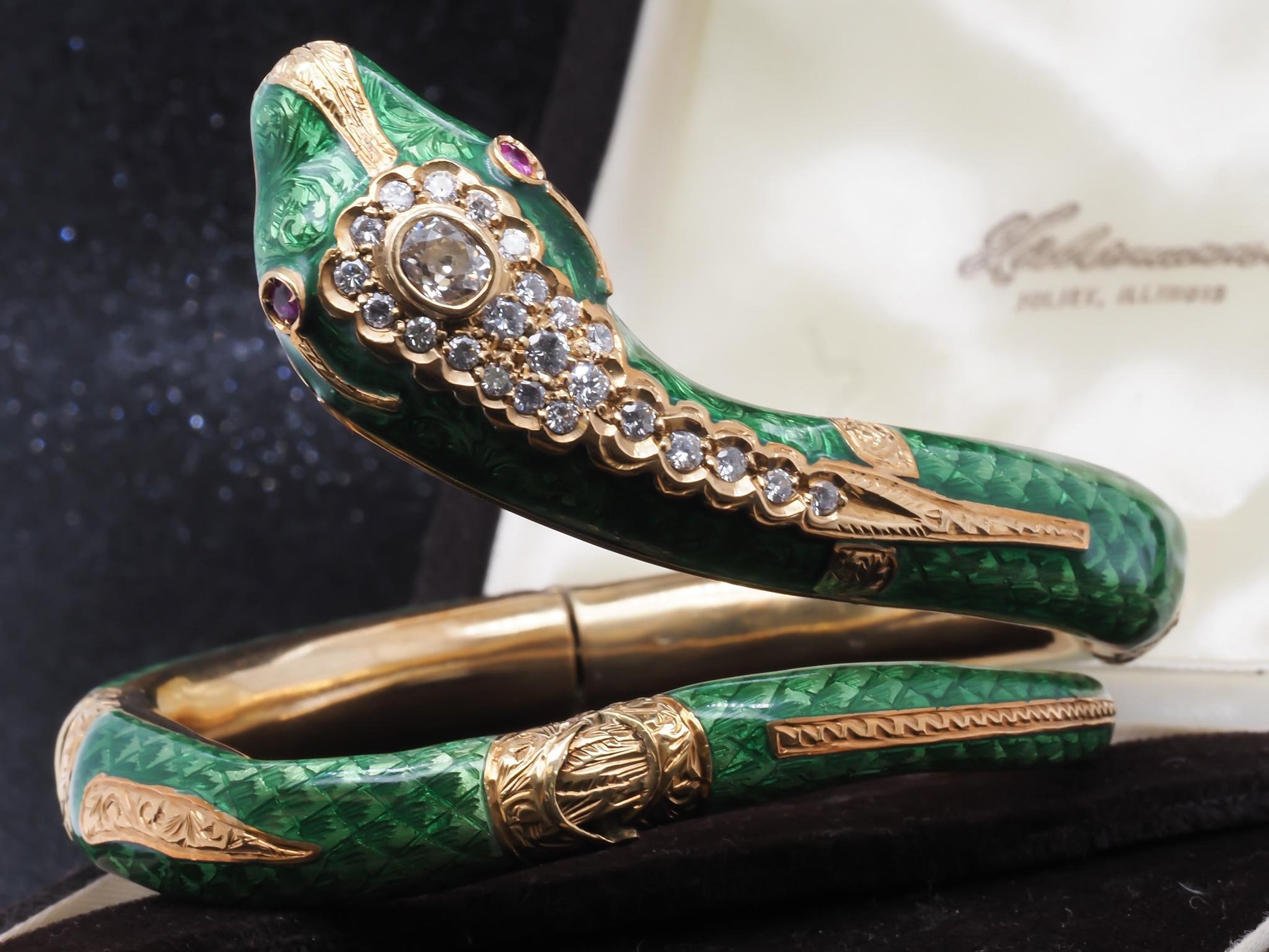 Estate 18K Gold Enamel Serpent Bangle with Old Mine Diamond - VHK#870a