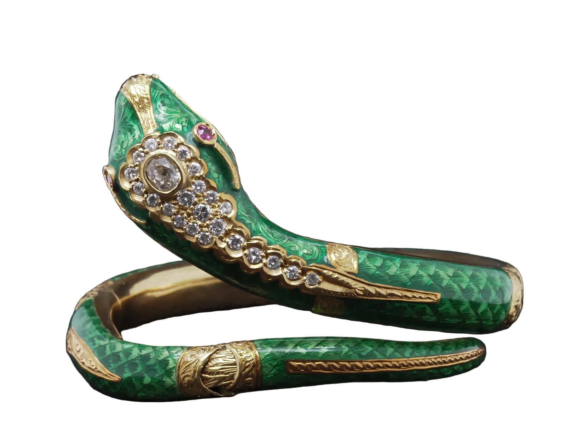 Estate 18K Gold Enamel Serpent Bangle with Old Mine Diamond - VHK#870a