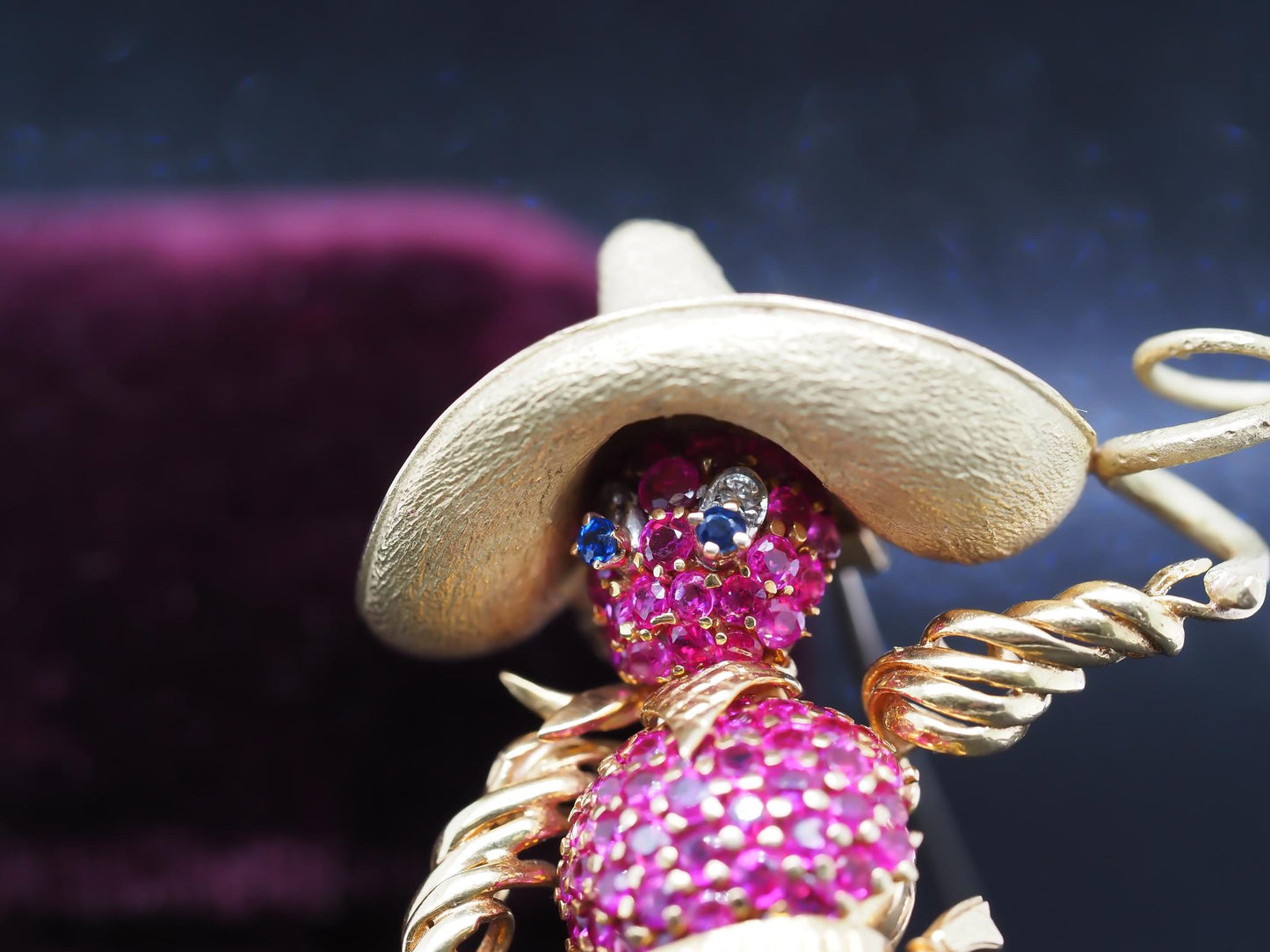 Estate Vintage 18K Yellow Gold Cowboy with Lasso Ruby Diamond Sapphire Brooch -