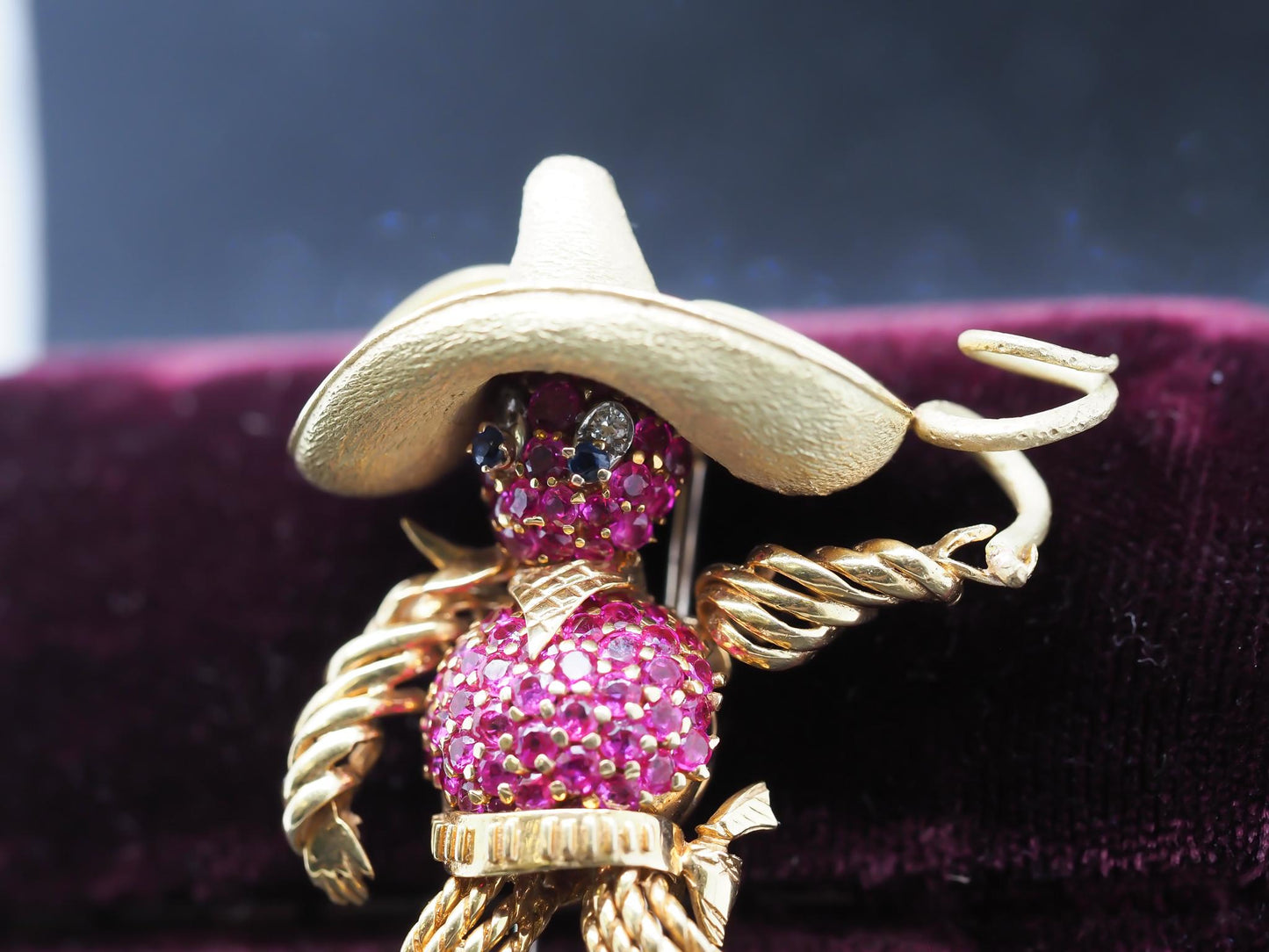 Estate Vintage 18K Yellow Gold Cowboy with Lasso Ruby Diamond Sapphire Brooch -