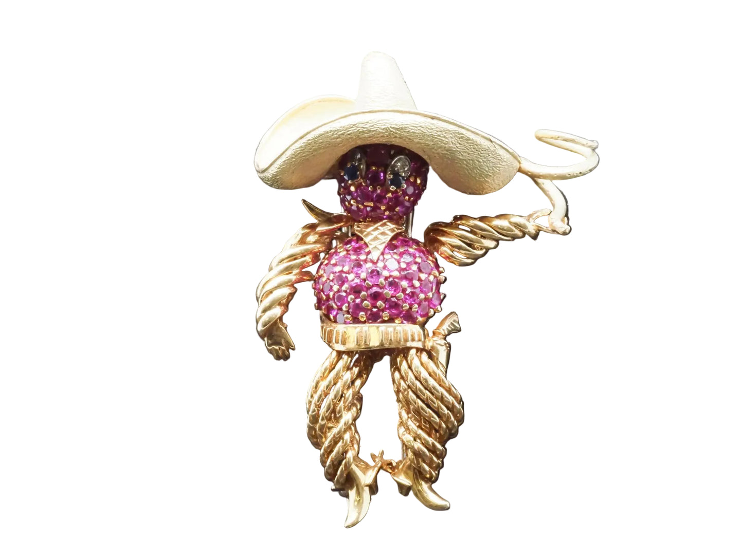Estate Vintage 18K Yellow Gold Cowboy with Lasso Ruby Diamond Sapphire Brooch -