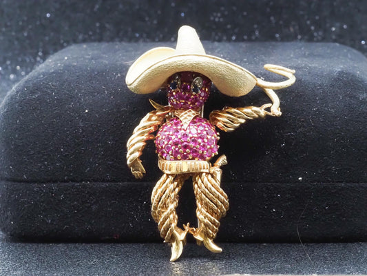 Estate Vintage 18K Yellow Gold Cowboy with Lasso Ruby Diamond Sapphire Brooch -