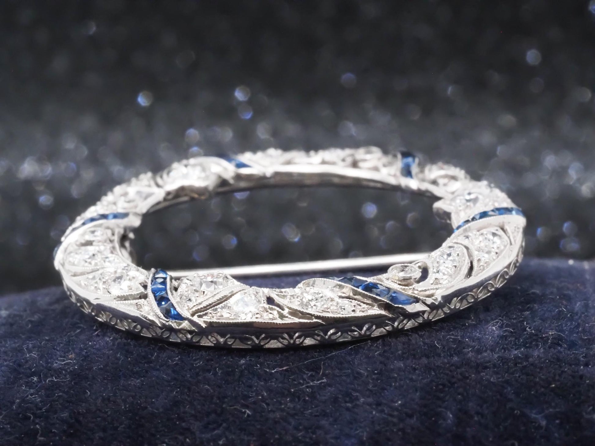 Estate Art Deco Platinum Circle Brooch with Sapphires and Diamonds - VHK#824b