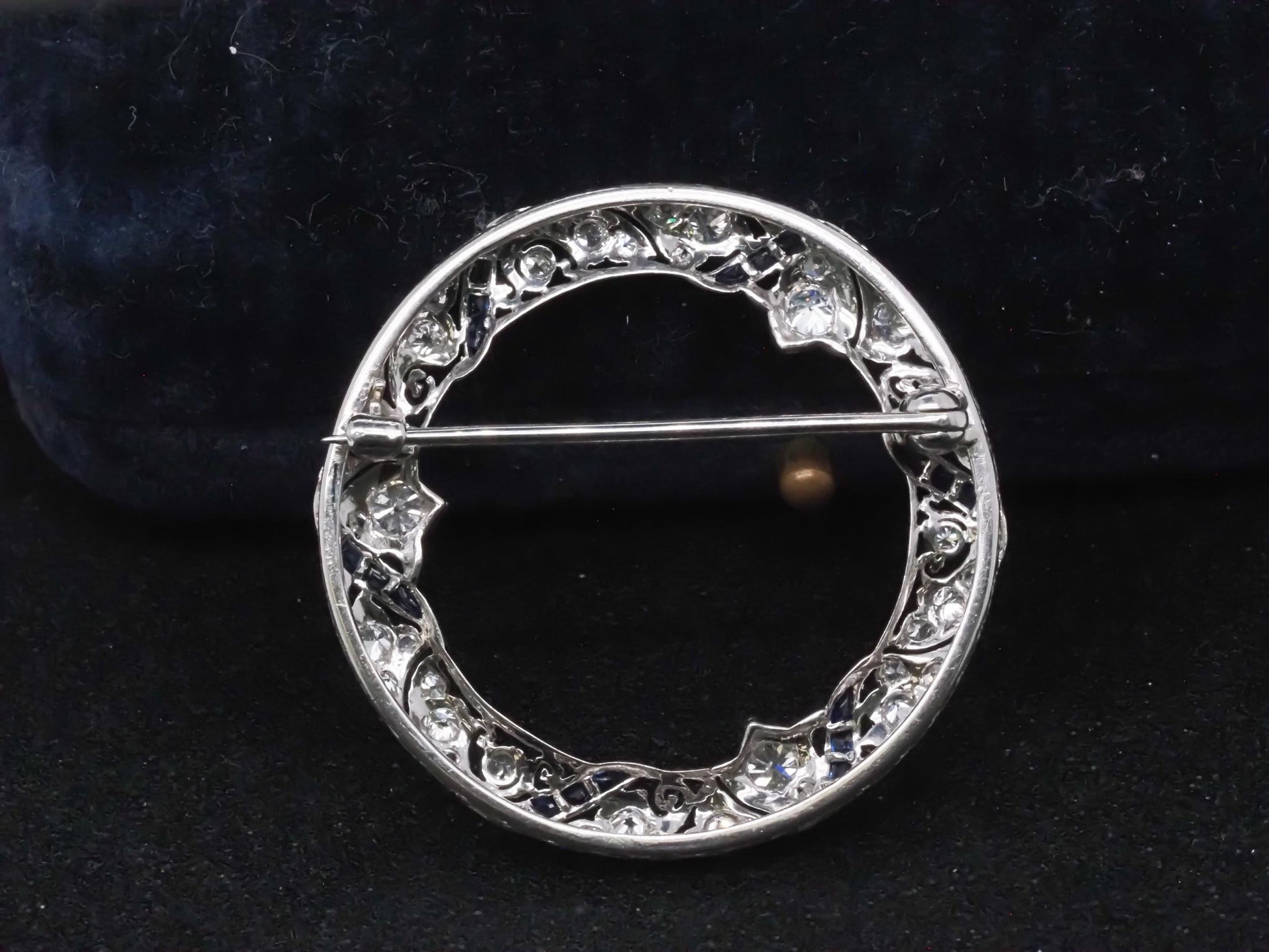 Estate Art Deco Platinum Circle Brooch with Sapphires and Diamonds - VHK#824b