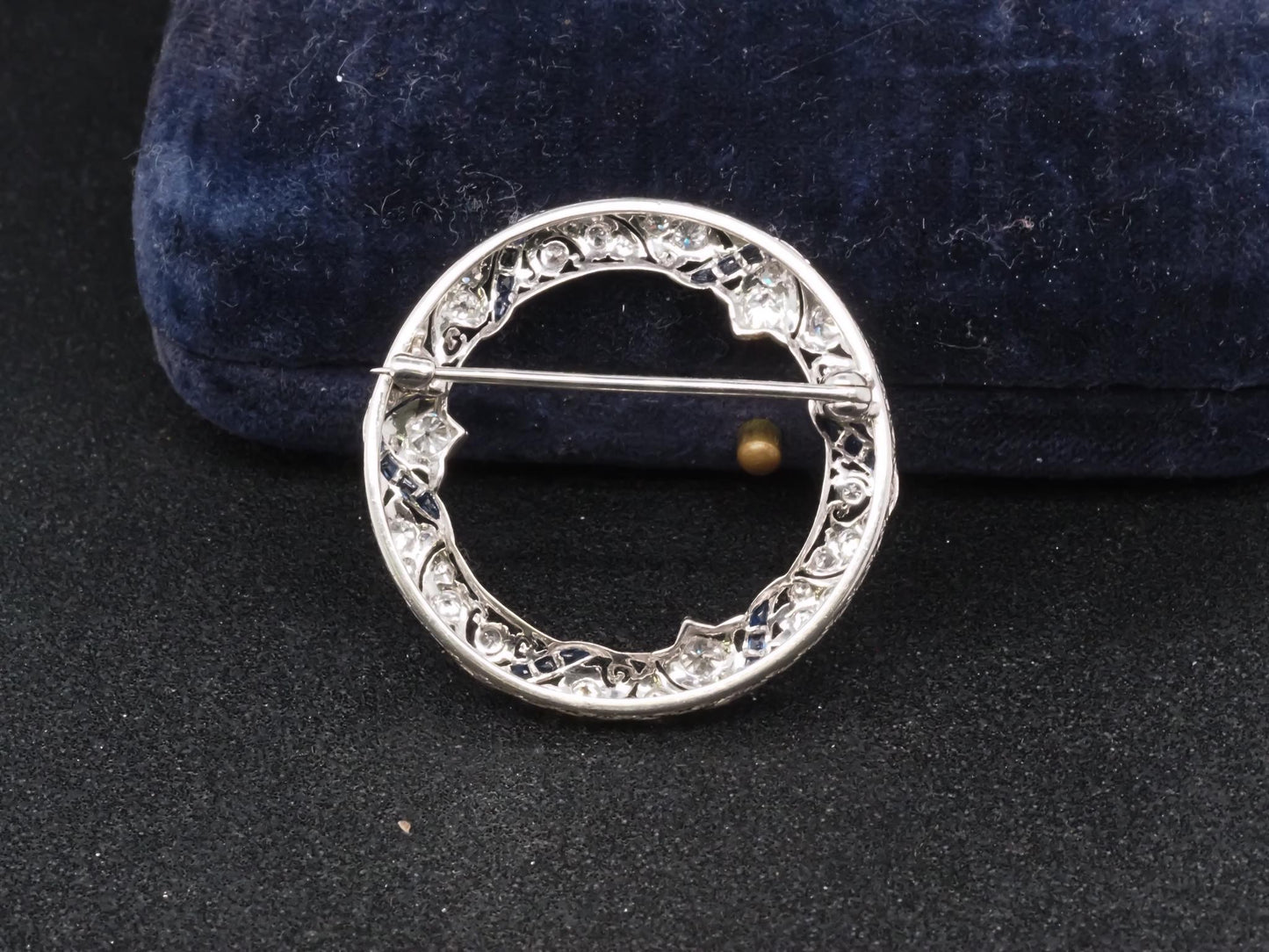 Estate Art Deco Platinum Circle Brooch with Sapphires and Diamonds - VHK#824b