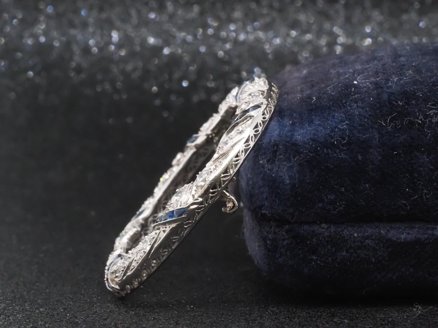 Estate Art Deco Platinum Circle Brooch with Sapphires and Diamonds - VHK#824b