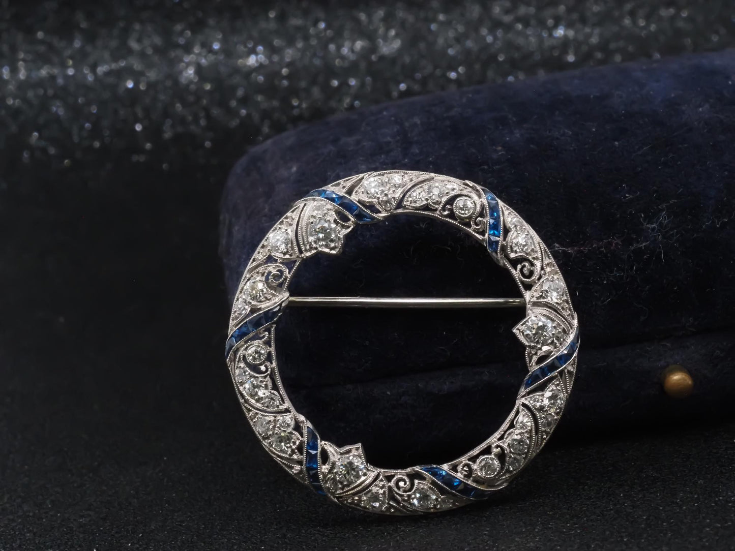Estate Art Deco Platinum Circle Brooch with Sapphires and Diamonds - VHK#824b