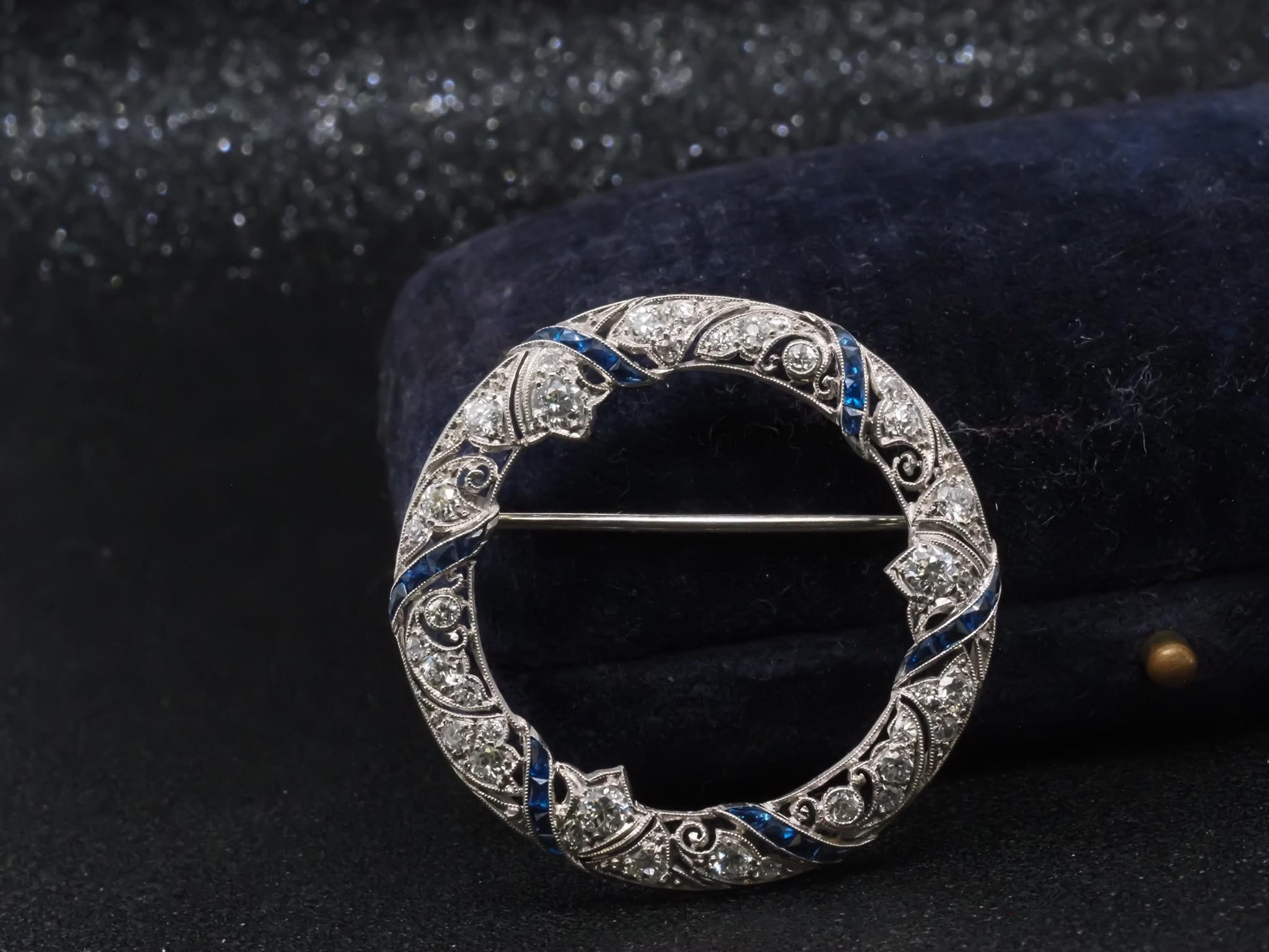 Estate Art Deco Platinum Circle Brooch with Sapphires and Diamonds - VHK#824b